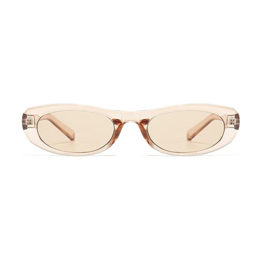 Front view of Nova oval slim sunglasses in Transparent Rosé frame with Soft Beige acrylic lenses, polycarbonate frame, 100% UV protection, on white background.