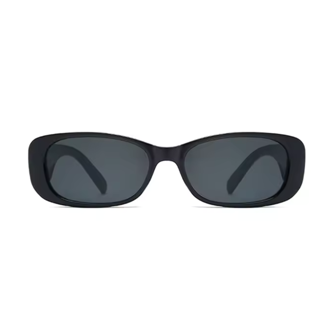 Front view of Milan women’s rectangular sunglasses in Black frame with Black lenses, on white background — premium acetate frame, Trivex lenses, 100% UV protection"