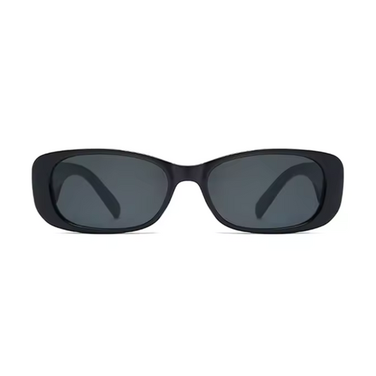 Front view of Milan women’s rectangular sunglasses in Black frame with Black lenses, on white background — premium acetate frame, Trivex lenses, 100% UV protection"
