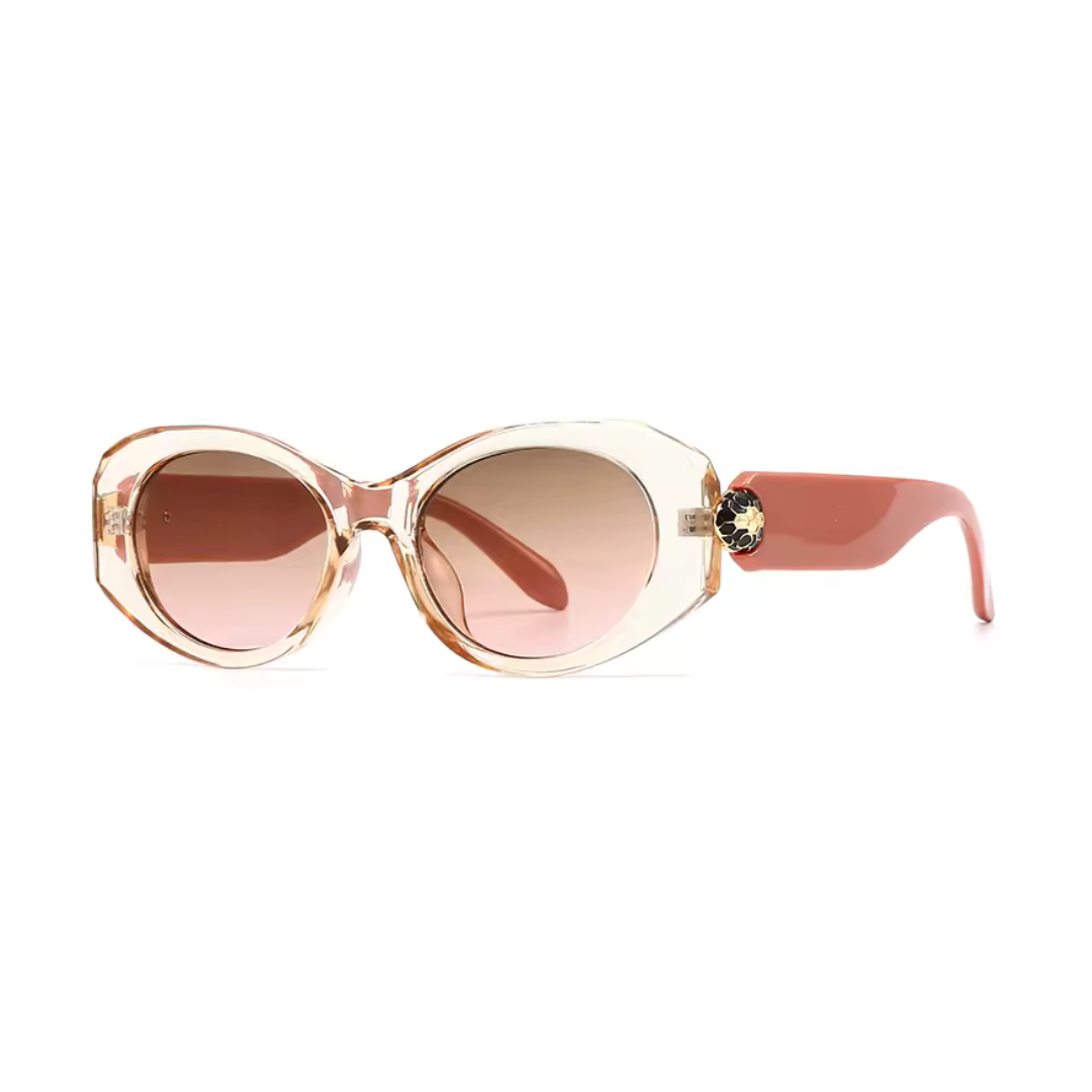 Selene women’s wide oval sunglasses in Rose frame with Pink Gradient lenses, left 3/4 angle on white background — acetate frame, TAC lenses, 100% UV protection