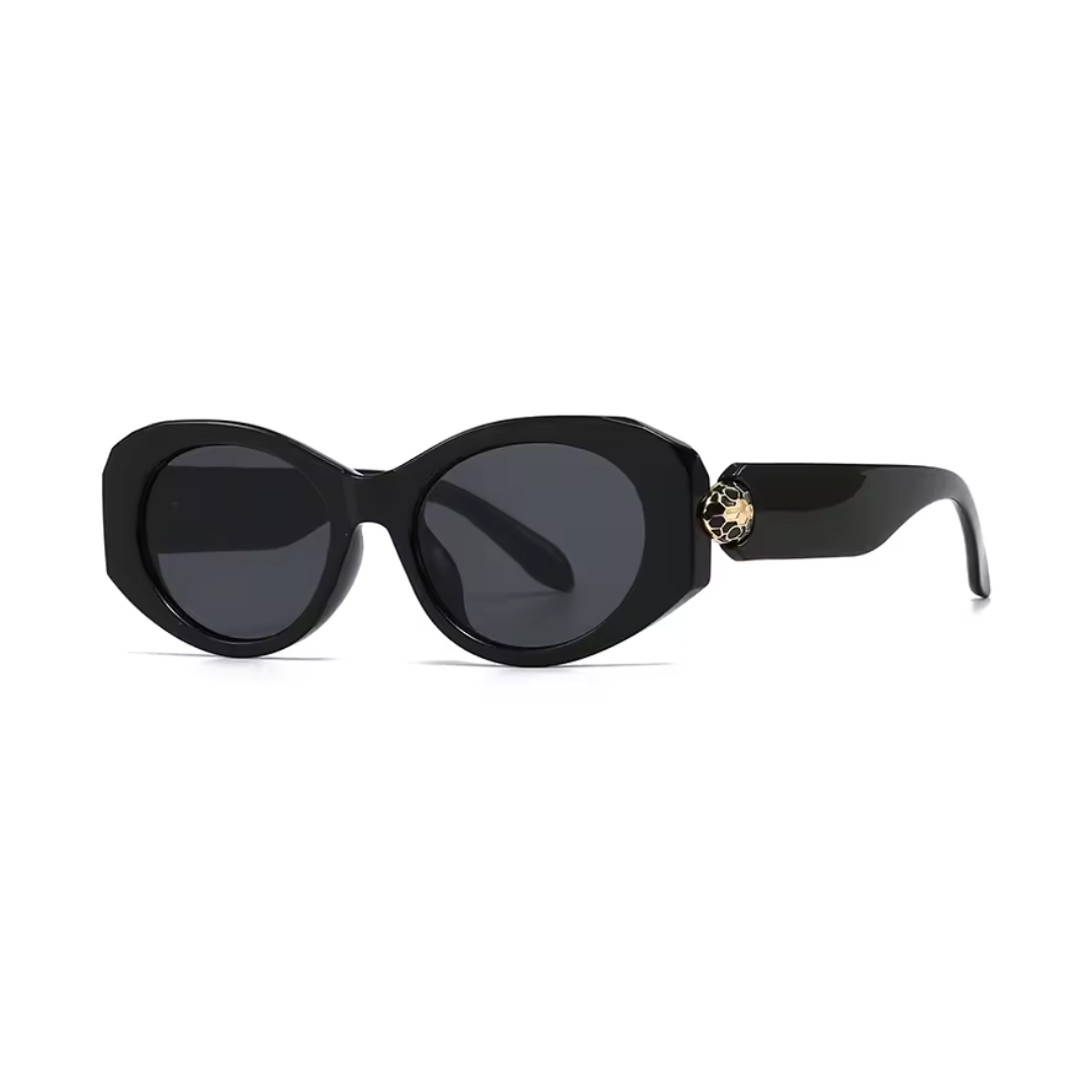 Selene women’s wide oval sunglasses in Black frame with Black lenses, left 3/4 angle on white background — acetate frame, TAC lenses, 100% UV protection