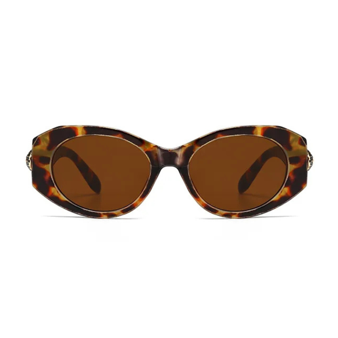 Front view of Selene women’s wide oval  shades in Tortoise frame with Amber lenses, on white background — acetate frame, TAC lenses, 100% UV protection