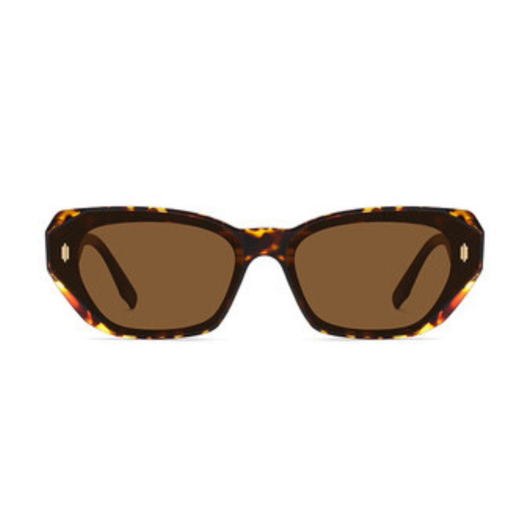 Front view of Venus women’s wide rectangular sunglasses in Tortoise frame with Amber lenses, on white background — acetate frame, TAC lenses, 100% UV protection