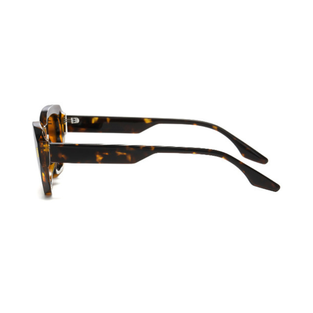 Side view of Venus women’s wide rectangular  shades in Tortoise frame with Amber lenses, on white background — acetate frame, TAC lenses, 100% UV protection