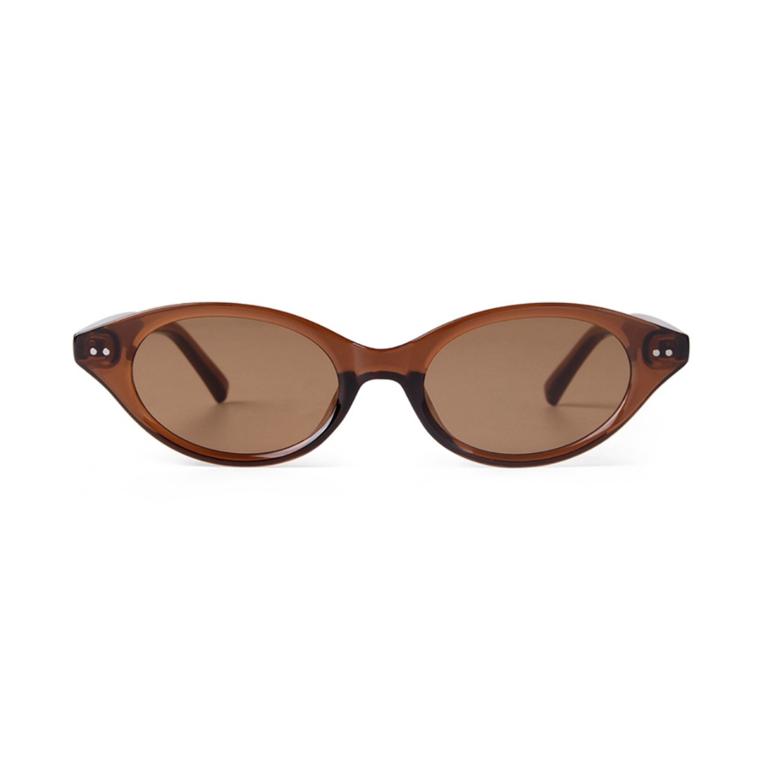 Front view of Sovereign women’s oval slim  shades in Brown frame with Amber lenses, on white background — polycarbonate frame, acrylic lenses, 100% UV protection