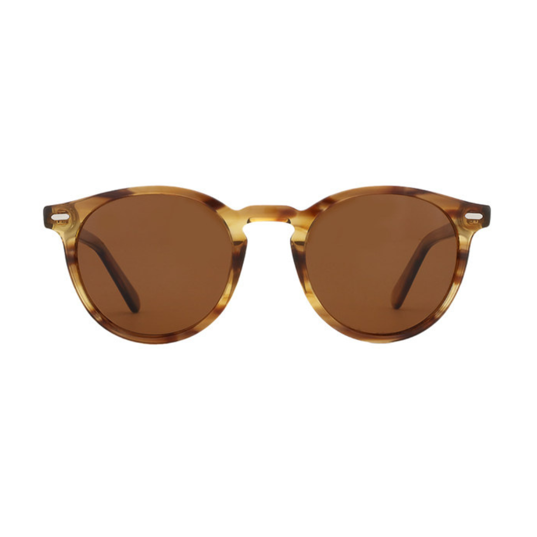 Front view of Elysian women’s round  shades in Tortoise frame with Amber lenses, on white background — premium acetate frame, TAC lenses, 100% UV protection