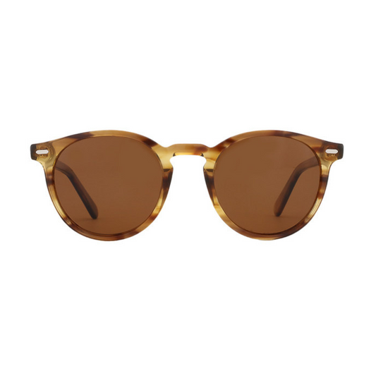 Front view of Elysian women’s round  shades in Tortoise frame with Amber lenses, on white background — premium acetate frame, TAC lenses, 100% UV protection