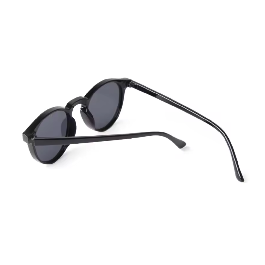 Rear view of Elysian women’s round  shades in Black frame with Black lenses, temples open, on white background — premium acetate frame, TAC lenses, 100% UV protection