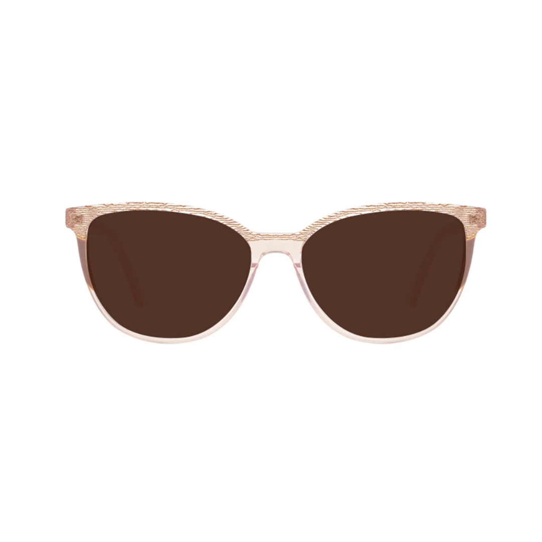 Front view of Mykonos women’s cat-eye sunglasses in Rosé Crystal frame with Brown lenses, on white background — acetate frame, TAC lenses, 100% UV protection