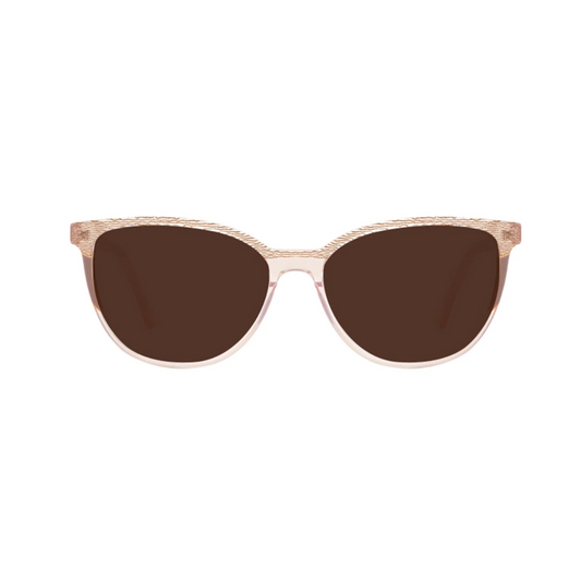 Front view of Mykonos women’s cat-eye sunglasses in Rosé Crystal frame with Brown lenses, on white background — acetate frame, TAC lenses, 100% UV protection
