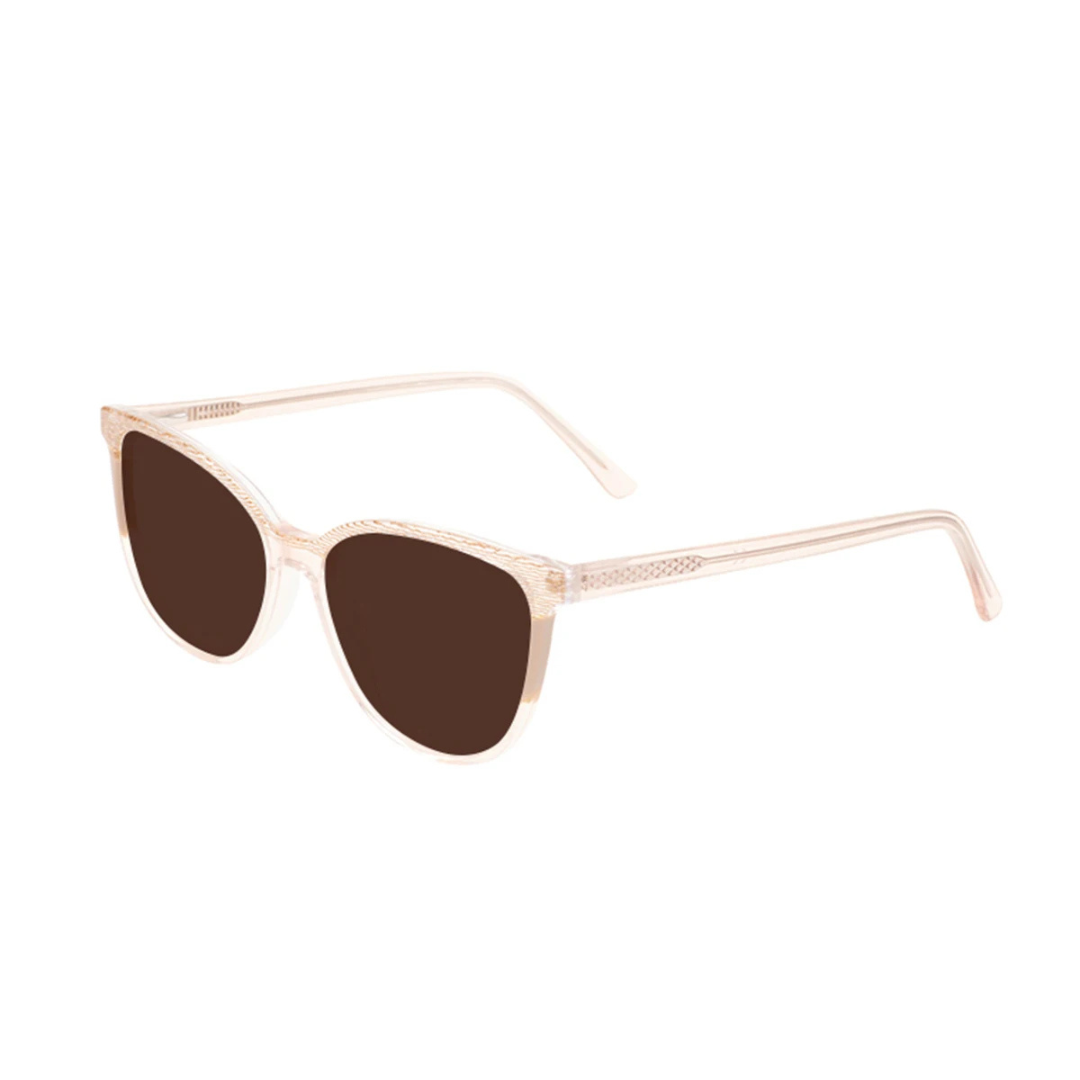 Mykonos women’s cat-eye shades in Rosé Crystal frame with Brown lenses, right 3/4 angle on white background — acetate frame, TAC lenses, 100% UV protection