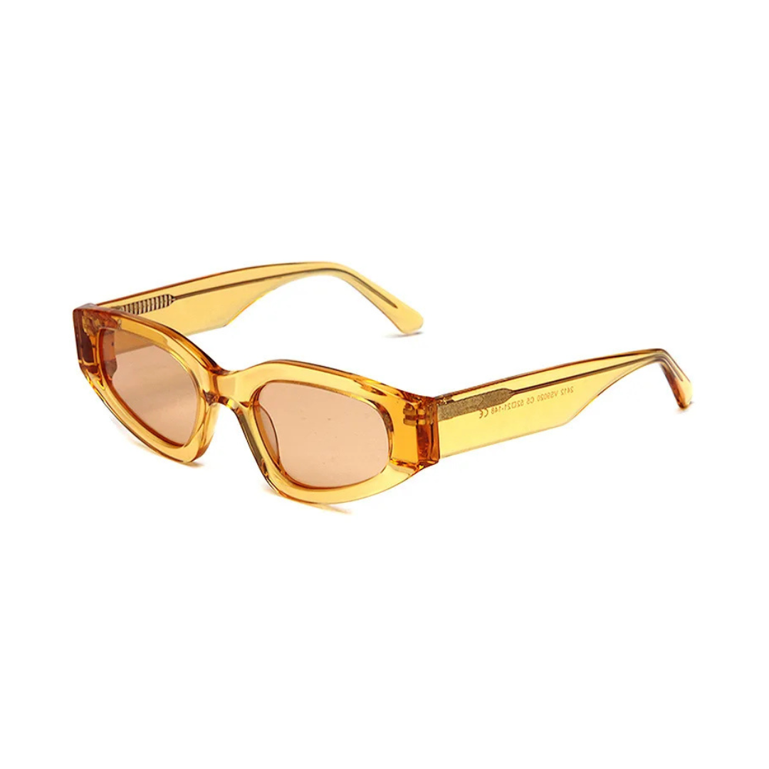Aeris cat eye women's sunglasses in Yellow Crystal acetate frame with soft beige TAC lenses, 100% UV protection, right 3/4 angle on white background
