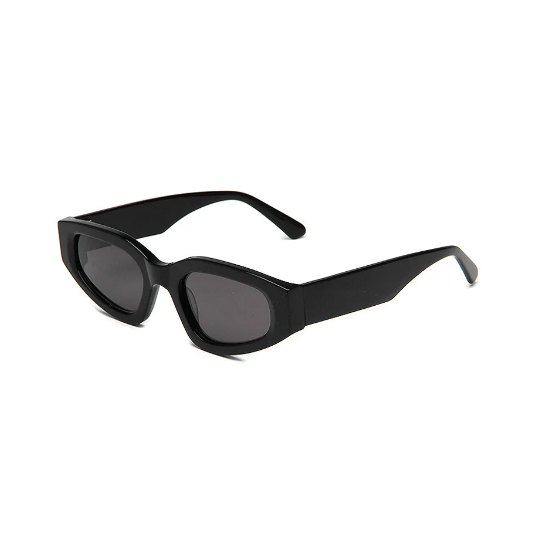 Aeris cat eye women's shades in Black acetate frame with black TAC lenses, 100% UV protection, right 3/4 angle on white background
