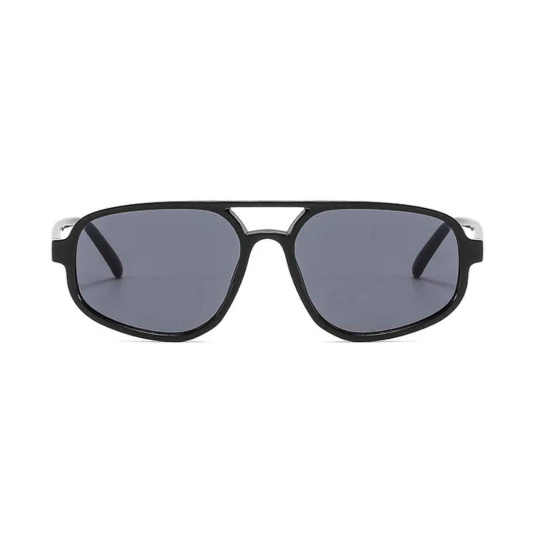 Brigitte aviator women's sunglasses in black polycarbonate frame with black acrylic lenses, 100% UV protection, front view on white background