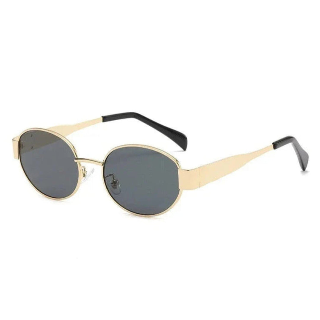 Right 3/4 angle of Aurora women’s retro oval sunglasses in Gold frame with Black lenses, on white background — stainless steel frame, polycarbonate lenses, UV400 protection
