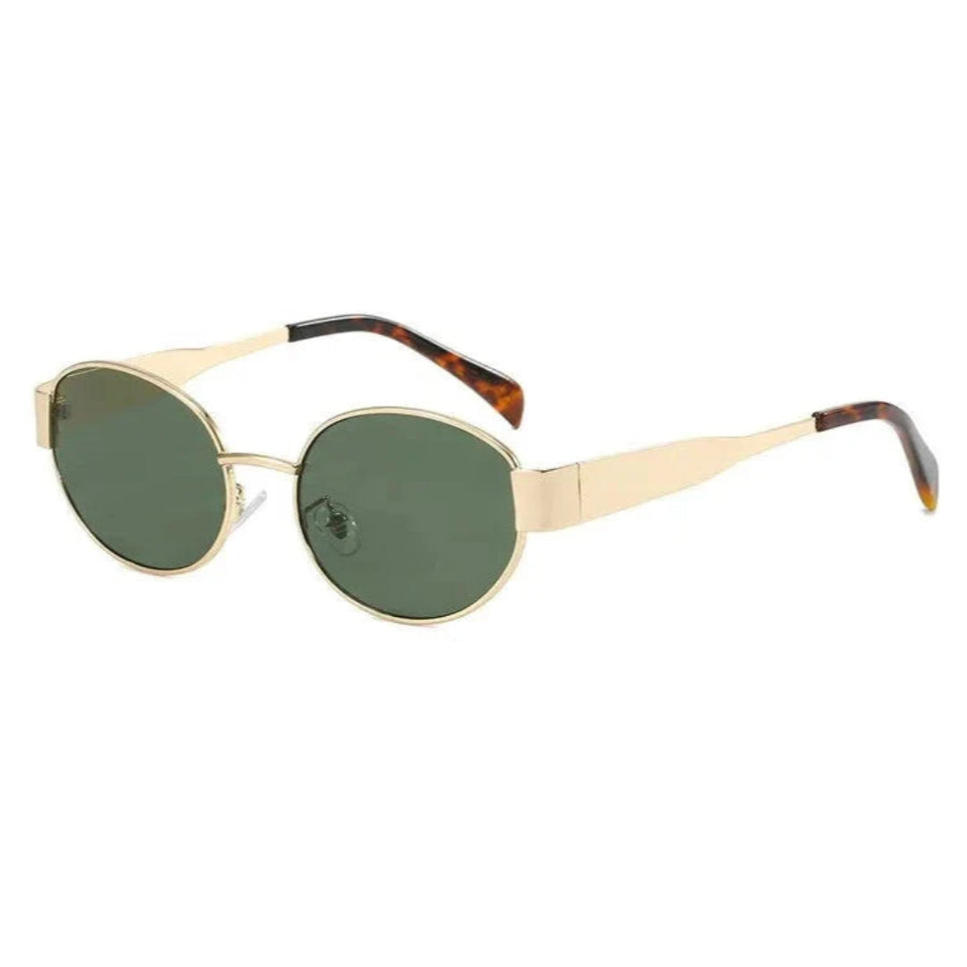 Right 3/4 angle of Aurora women’s retro oval sunglasses in Gold frame with Dark Green lenses, on white background — stainless steel frame, polycarbonate lenses, UV400 protection