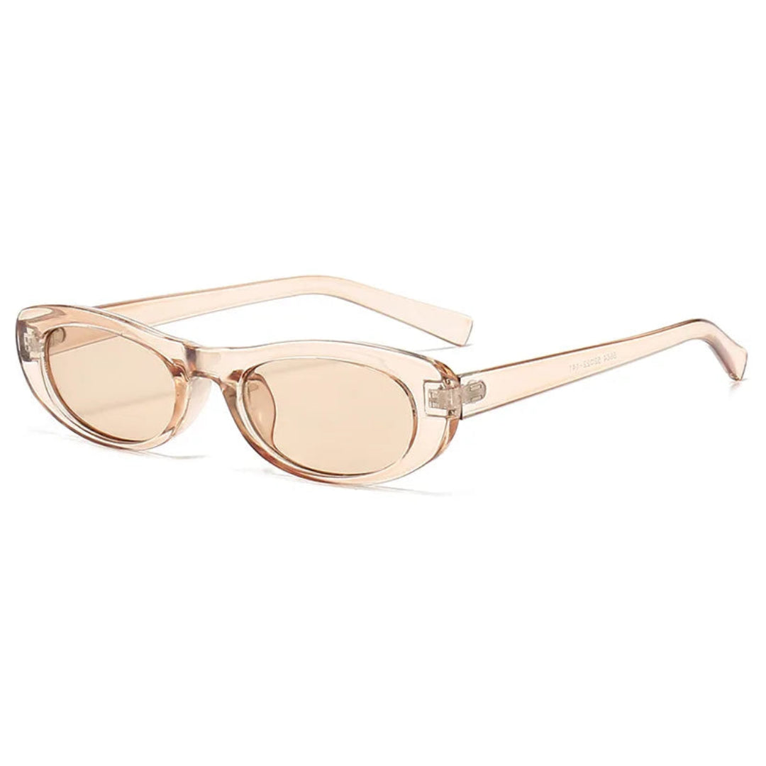3/4 right angle view of Nova oval slim shades in Transparent Rosé frame with Soft Beige acrylic lenses, polycarbonate frame, 100% UV protection, on white background.