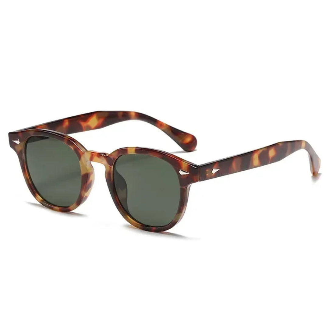 Mavie panto women's sunglasses in Tortoise acetate frame with dark green polycarbonate lenses, 100% UV protection, right 3/4 angle view on white background