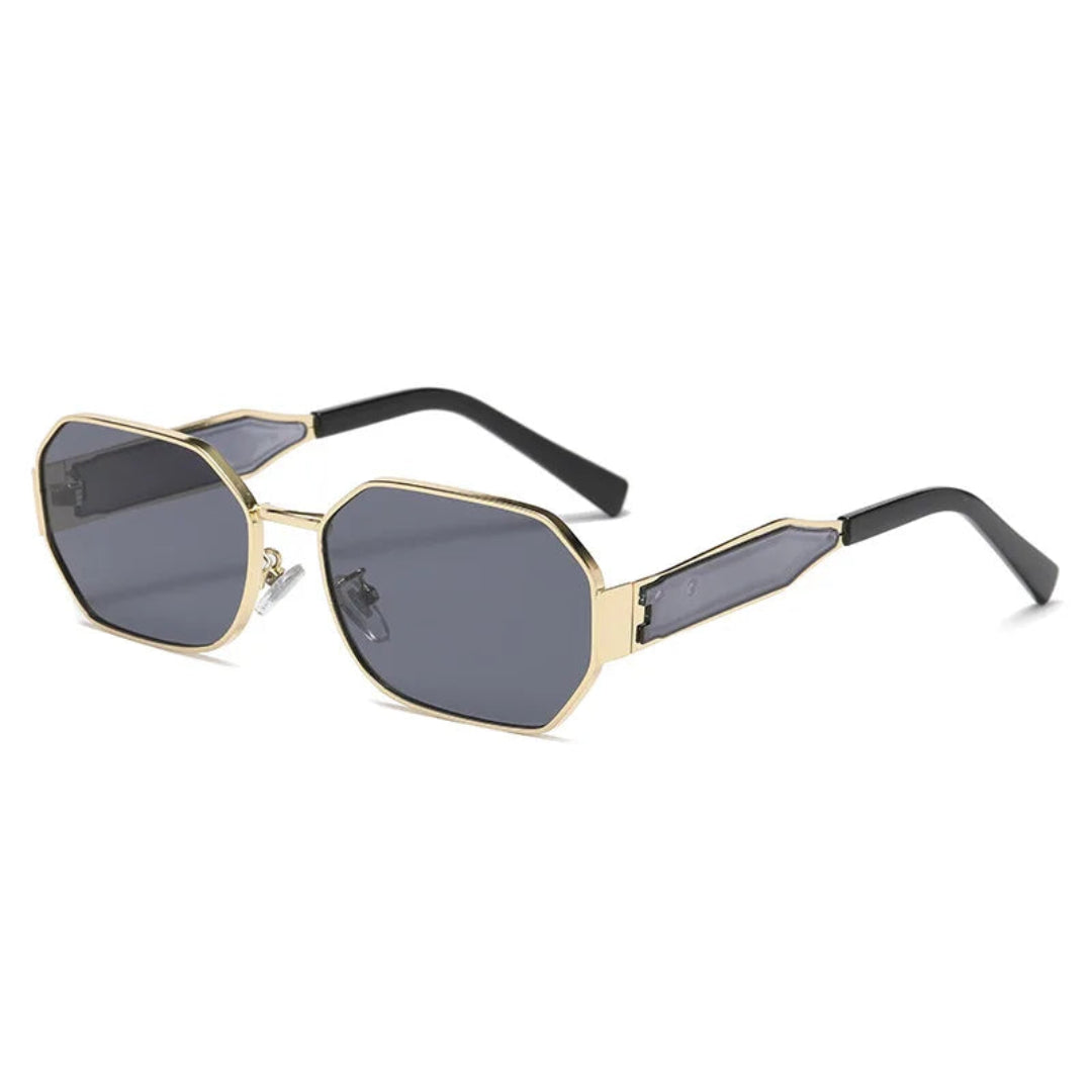 Luna women’s retro geometric shades in Gold frame with Black lenses, right 3/4 angle on white background — metal frame, polycarbonate lenses, 100% UV protection