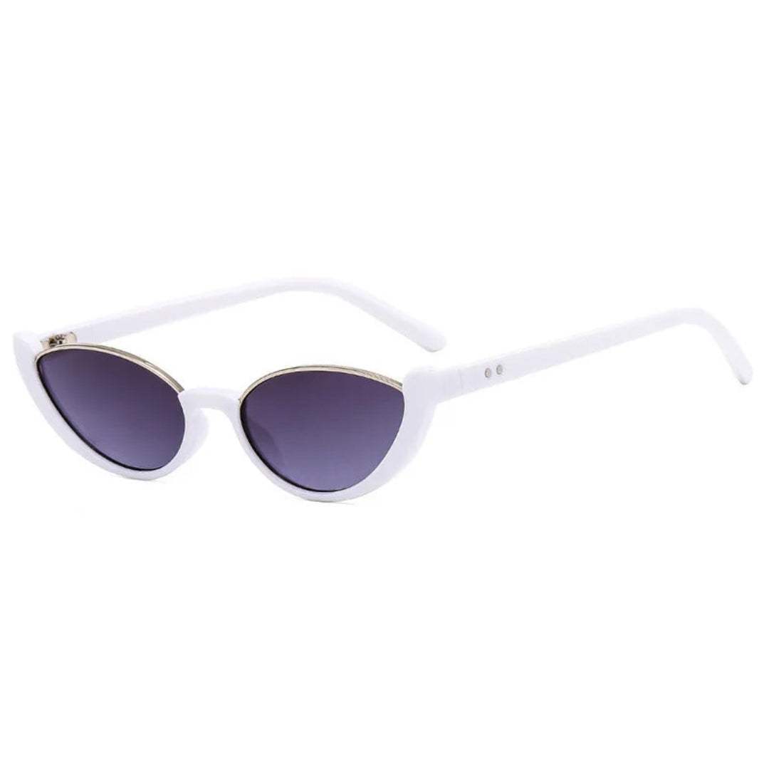 Venice women's cat-eye sunglasses, white premium acetate frame with black TAC lenses offering UV400 protection, 3/4 right angle view on white background.