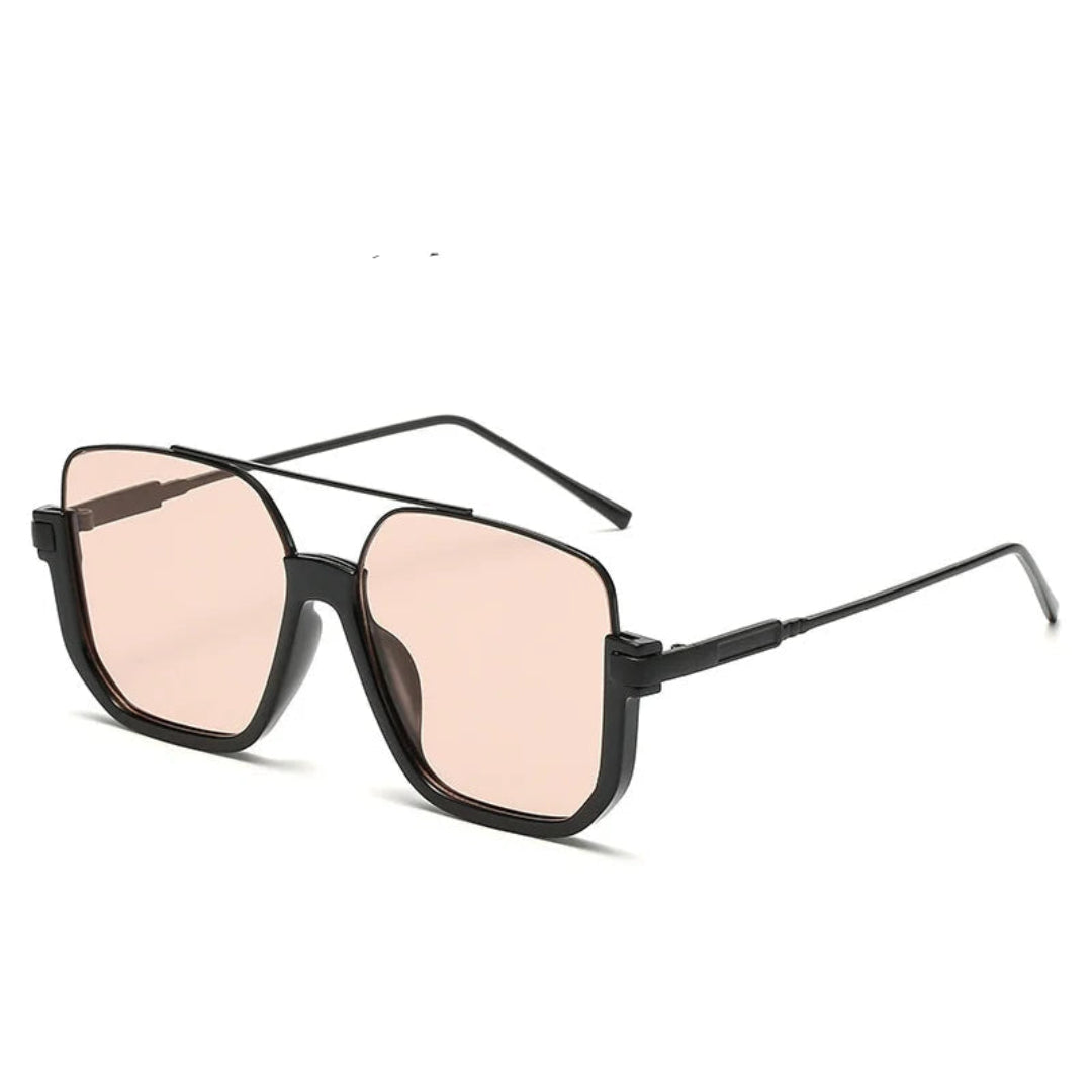 Alt text: Opéra women's aviator-inspired square sunglasses, black lightweight metal frame with amber UV400 resin lenses, 3/4 right angle view on white background.