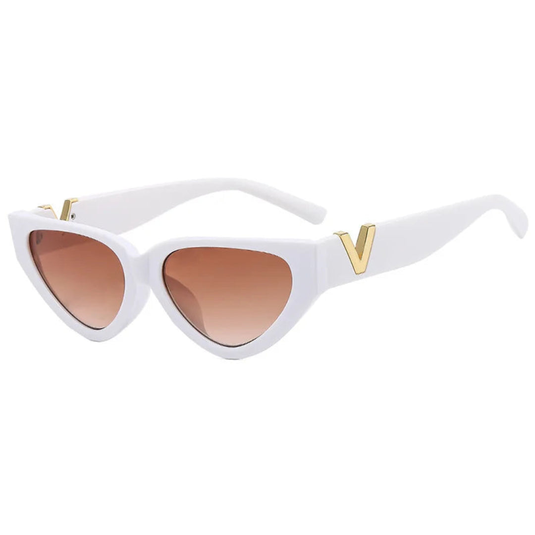 Right 3/4 angle of Riviera women’s cat-eye shades in White frame with Amber Gradient lenses, on white background — polycarbonate frame, acrylic lenses, 100% UV protection