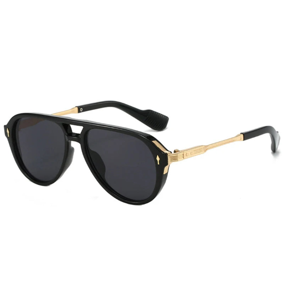 Astra women’s sunglasses in Black frame with Black lenses, right 3/4 angle on white background — metal frame, polycarbonate lenses, 100% UV protection