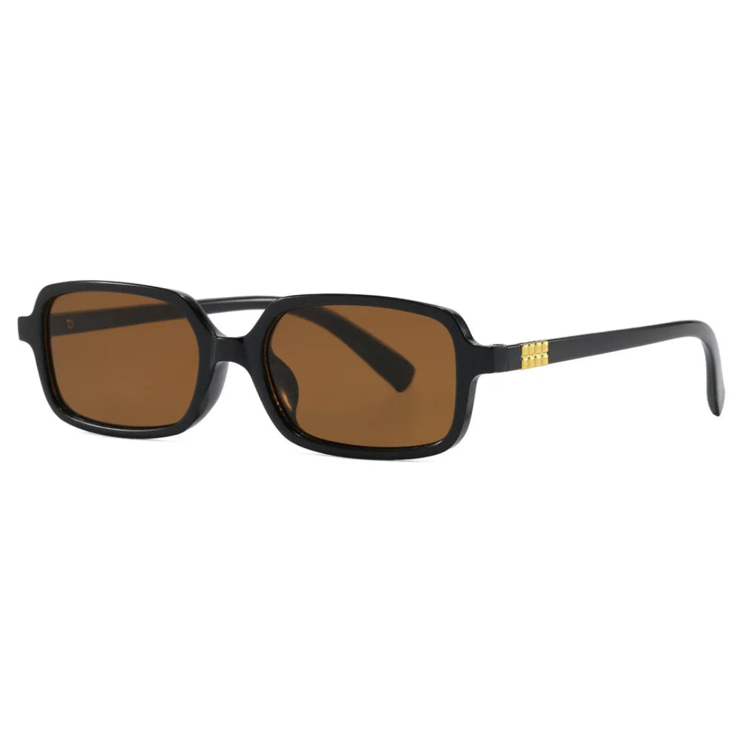 Zayla rectangular women's sunglasses in Black polycarbonate frame with amber polycarbonate lenses, 100% UV protection, right 3/4 angle on white background
