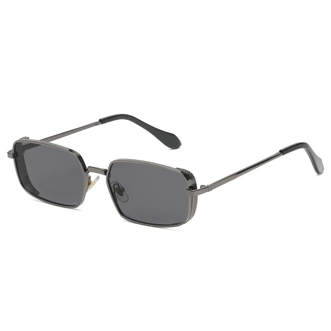 Nuvée rectangular women's shades in Gunmetal frame with black lenses, right 3/4 angle on white background