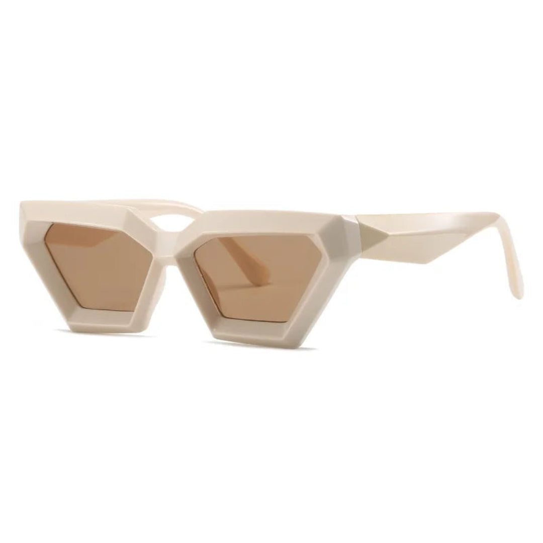 3/4 right angle view of Paris futuristic geometric sunglasses in Beige acetate frame with Soft Beige TAC lenses, 100% UV protection, on white background.