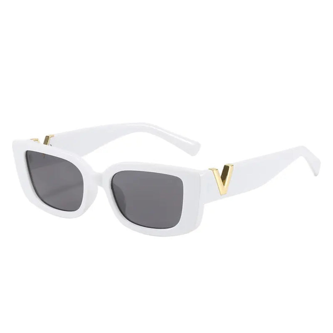 Right 3/4 angle of Celestia women’s rectangle sunglasses in White frame with Black lenses, on white background — acetate frame, polycarbonate lenses, 100% UV protection
