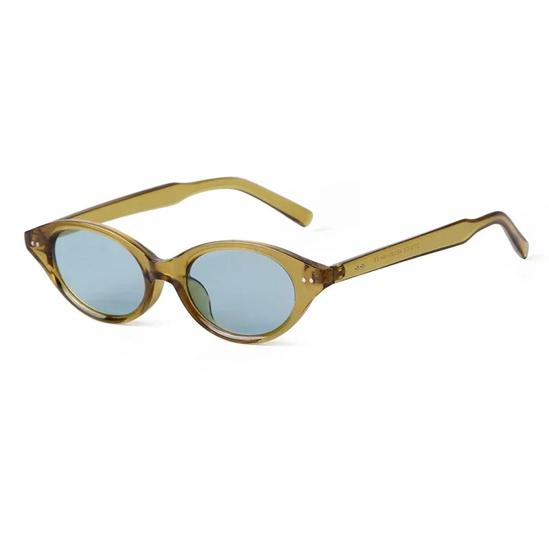 Sovereign women’s oval slim  shades in Olive frame with Soft Blue lenses, right 3/4 angle on white background — polycarbonate frame, acrylic lenses, 100% UV protection