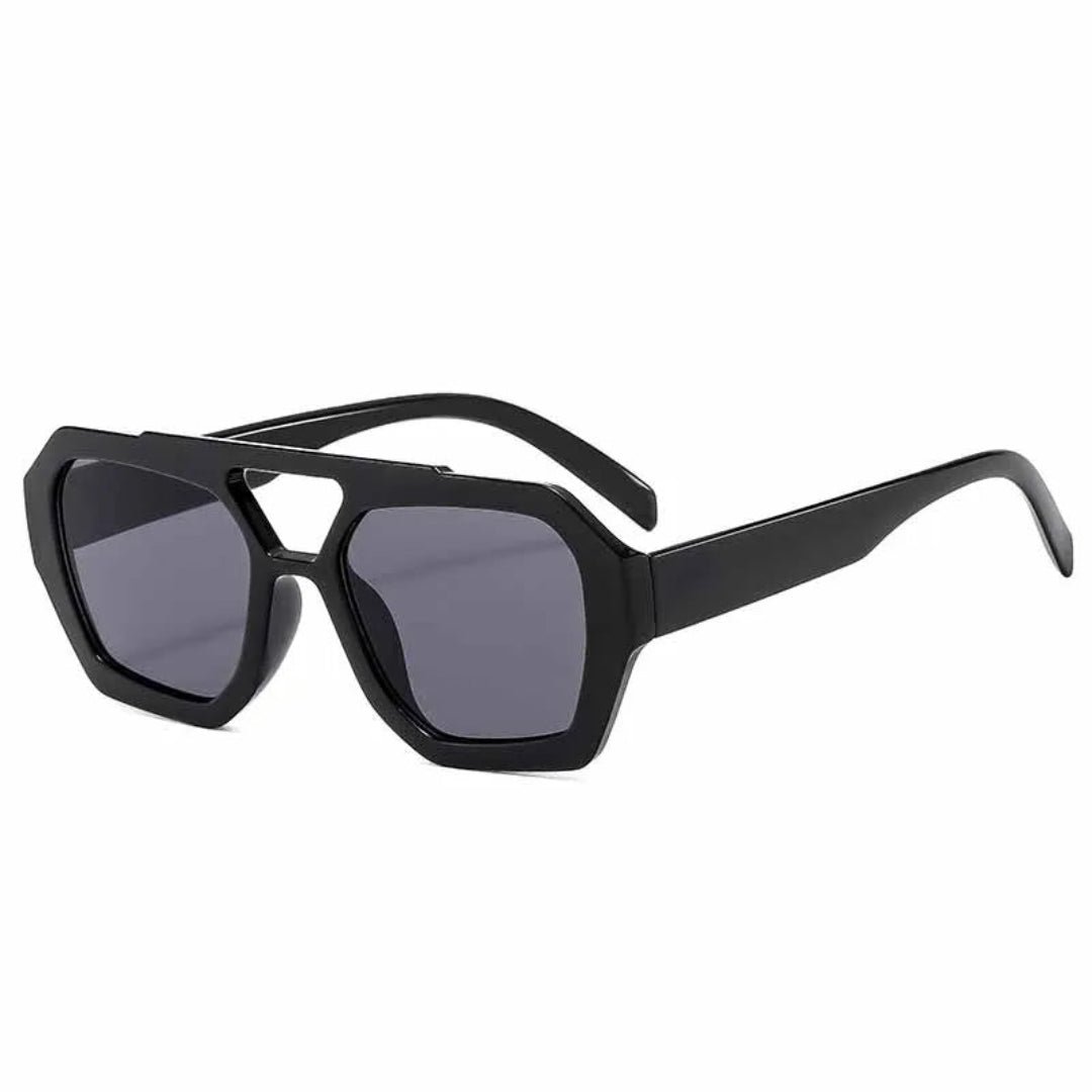 Ravena aviator women's shades in Black frame with black lenses, right 3/4 angle on white background