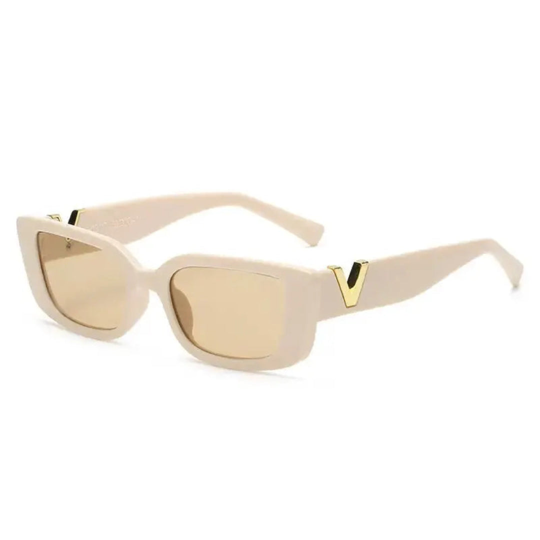 Right 3/4 angle of Celestia women’s rectangle shades in Beige frame with Soft Beige lenses, on white background — acetate frame, polycarbonate lenses, 100% UV protection