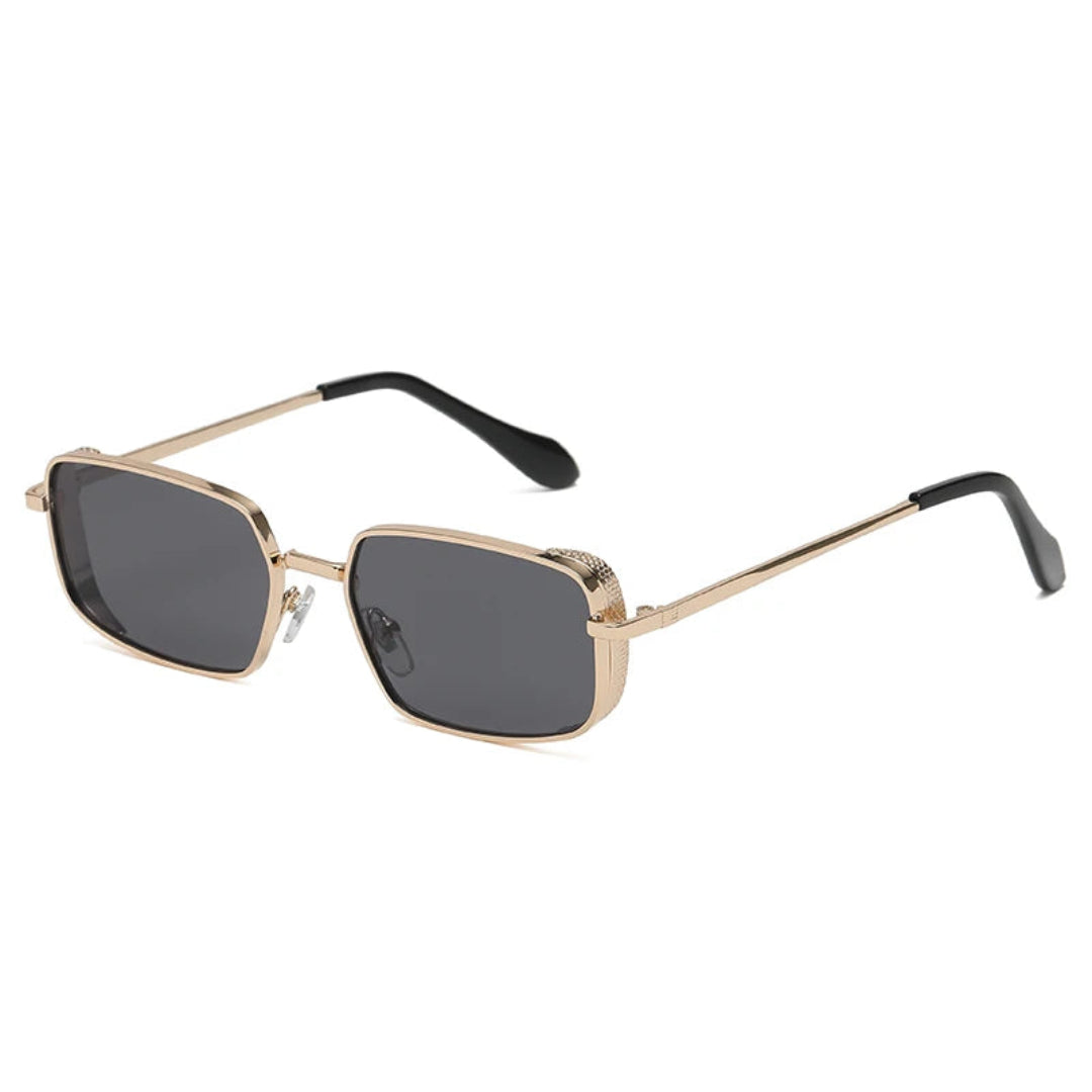 Nuvée rectangular women's sunglasses in Gold frame with black lenses, right 3/4 angle on white background