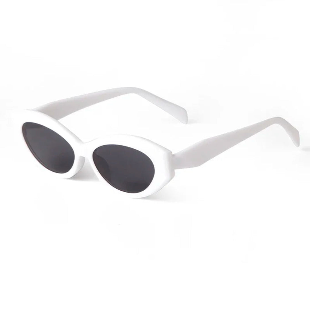 Liora cat eye women's sunglasses in White acetate frame with black TAC lenses, 100% UV protection, right 3/4 angle on white background