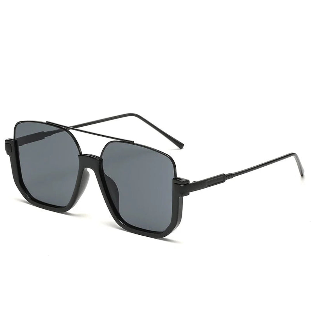 Alt text: Opéra women's aviator-inspired square sunglasses, black lightweight metal frame with black UV400 resin lenses, 3/4 right angle view on white background.