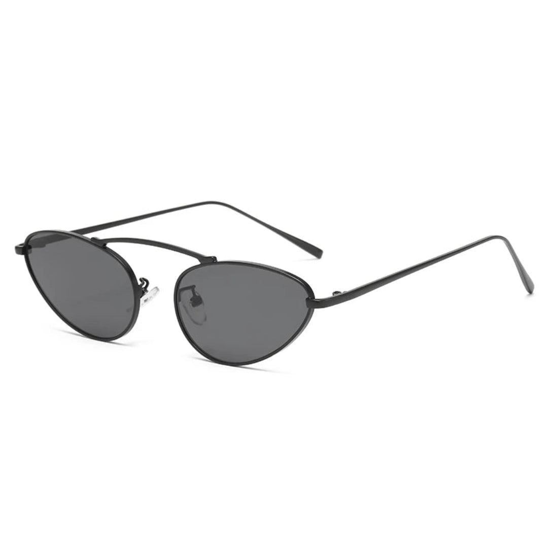 Olyra aviator women's sunglasses in black metal frame with black polycarbonate lenses, 100% UV protection, right 3/4 angle view on white background