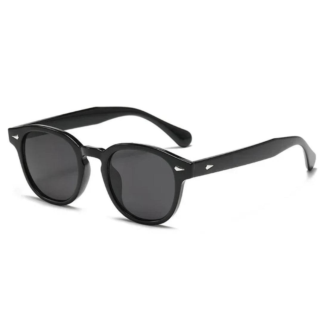 Mavie panto women's shades in Black acetate frame with black polycarbonate lenses, 100% UV protection, right 3/4 angle view on white background