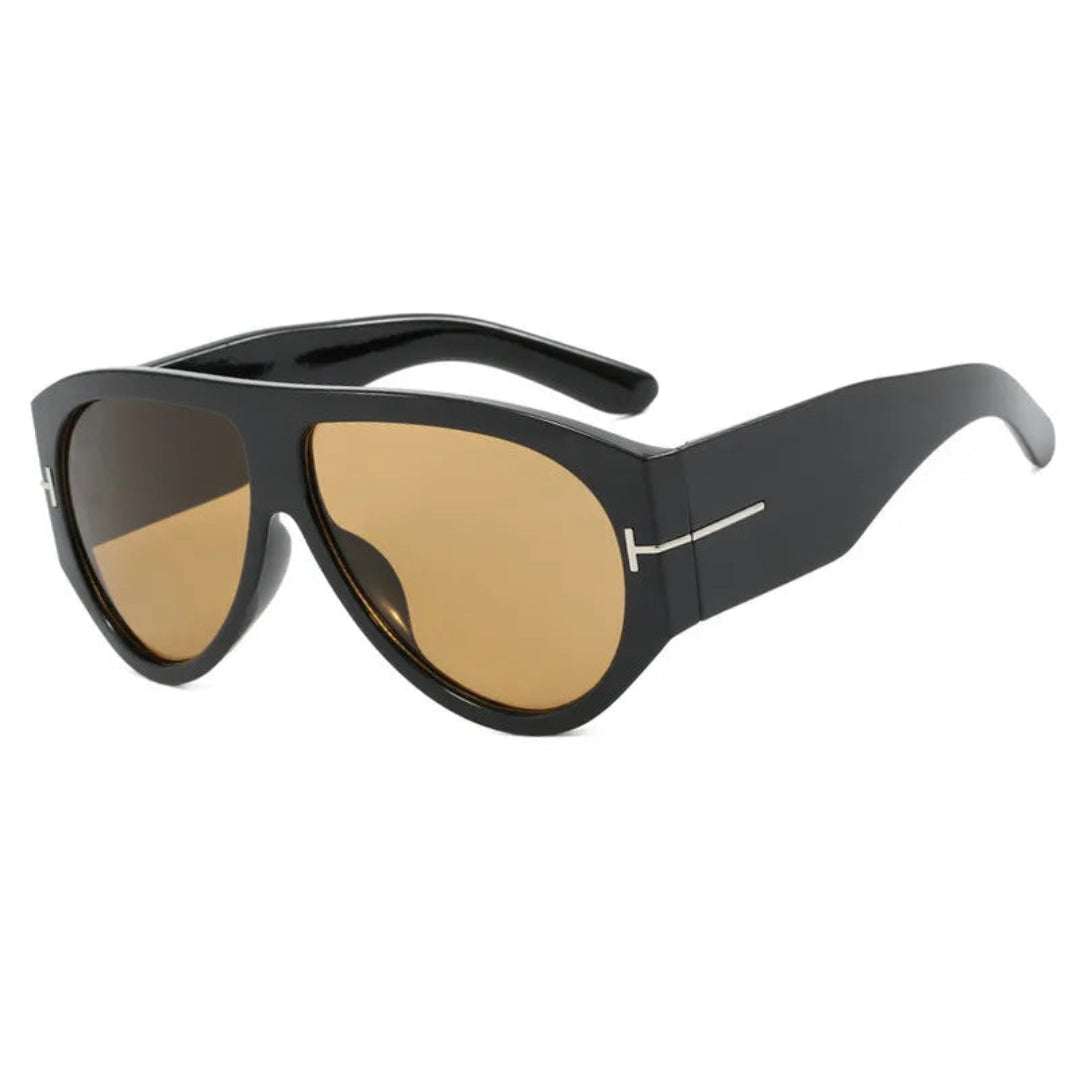 Cannes oversized shield women's shades in black acetate frame with amber TAC lenses, 100% UV protection, right 3/4 angle view on white background