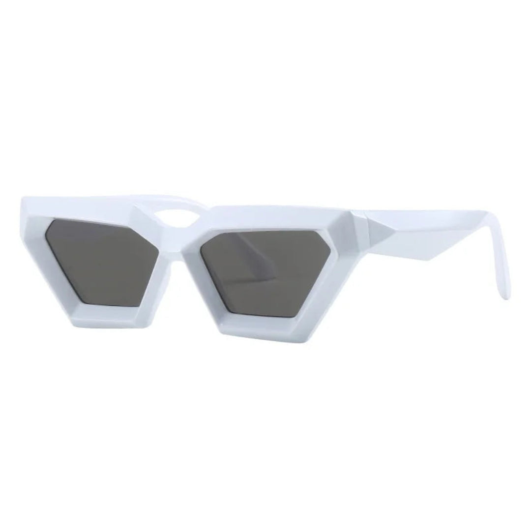 3/4 right angle view of Paris futuristic geometric sunglasses in White acetate frame with Black TAC lenses, 100% UV protection, on white background.