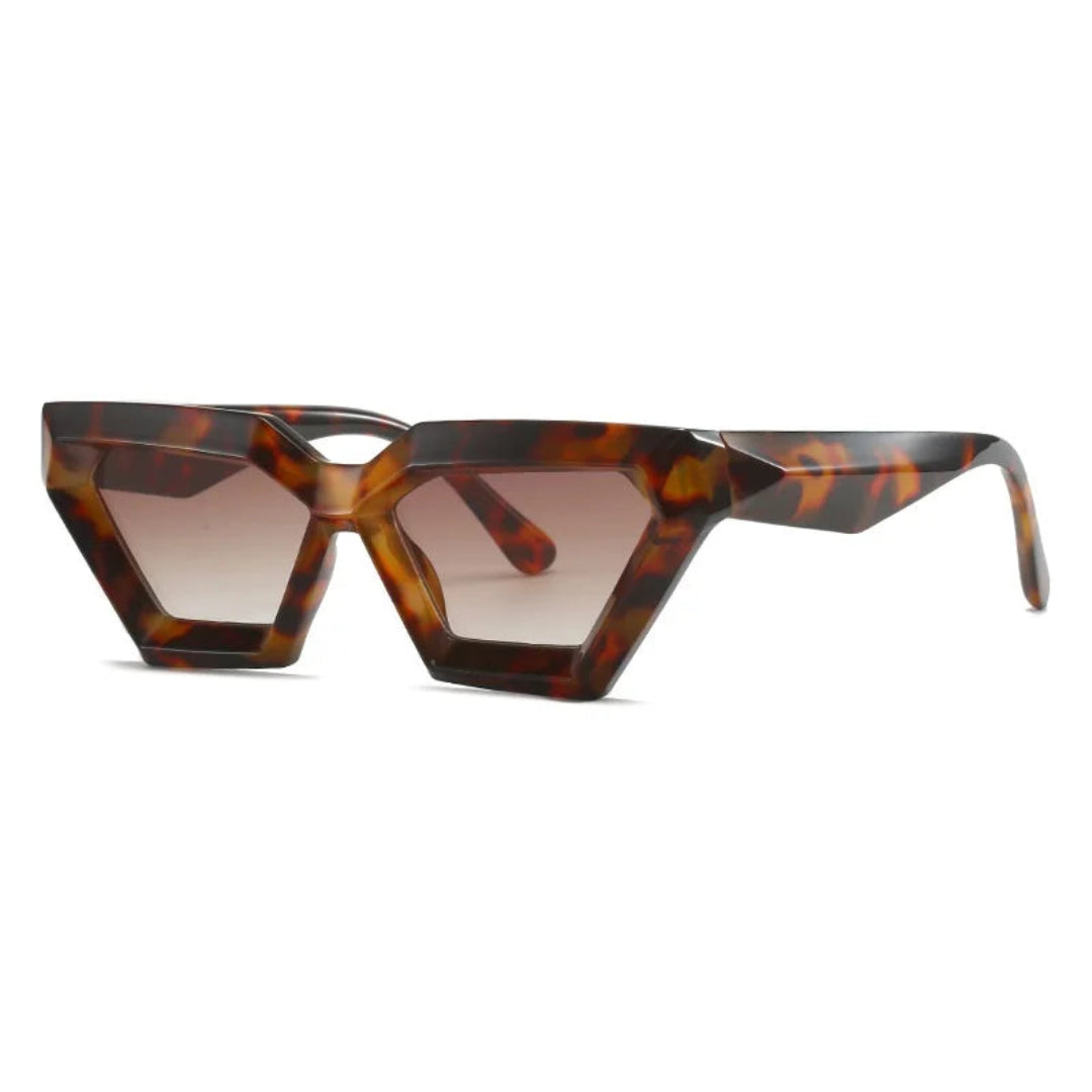 3/4 right angle view of Paris futuristic geometric shades in Tortoise acetate frame with Brown Gradient TAC lenses, 100% UV protection, on white background.