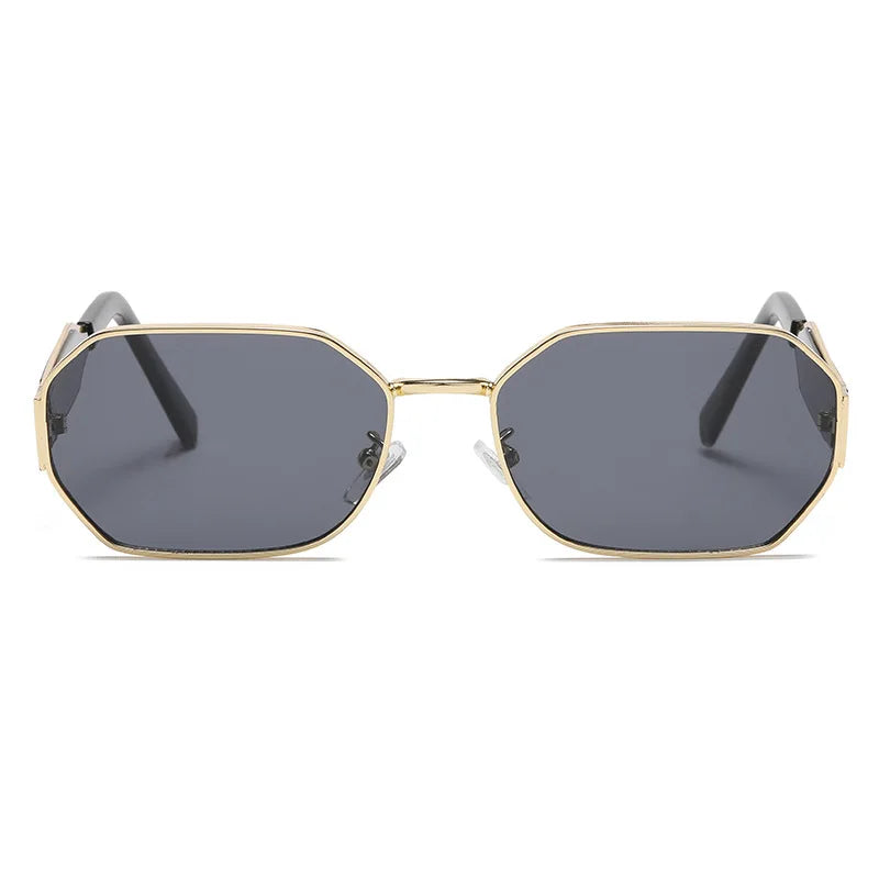 Front view of Luna women’s retro geometric sunglasses in Gold frame with Black lenses, on white background — metal frame, polycarbonate lenses, 100% UV protection