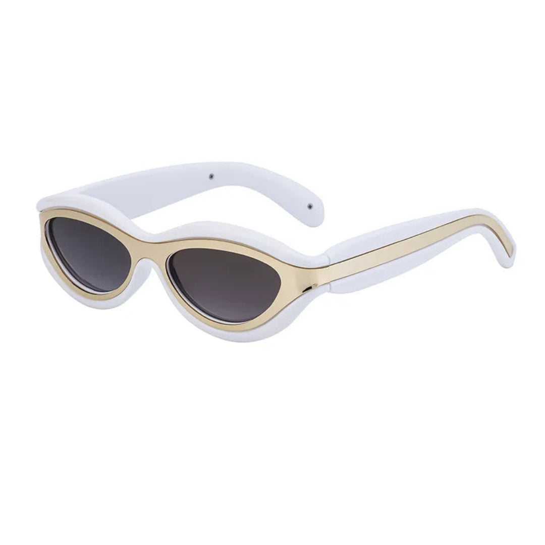 Right 3/4 angle of Isla women’s oval sunglasses in White frame with Black lenses, on white background — acetate frame, TAC lenses, 100% UV protection