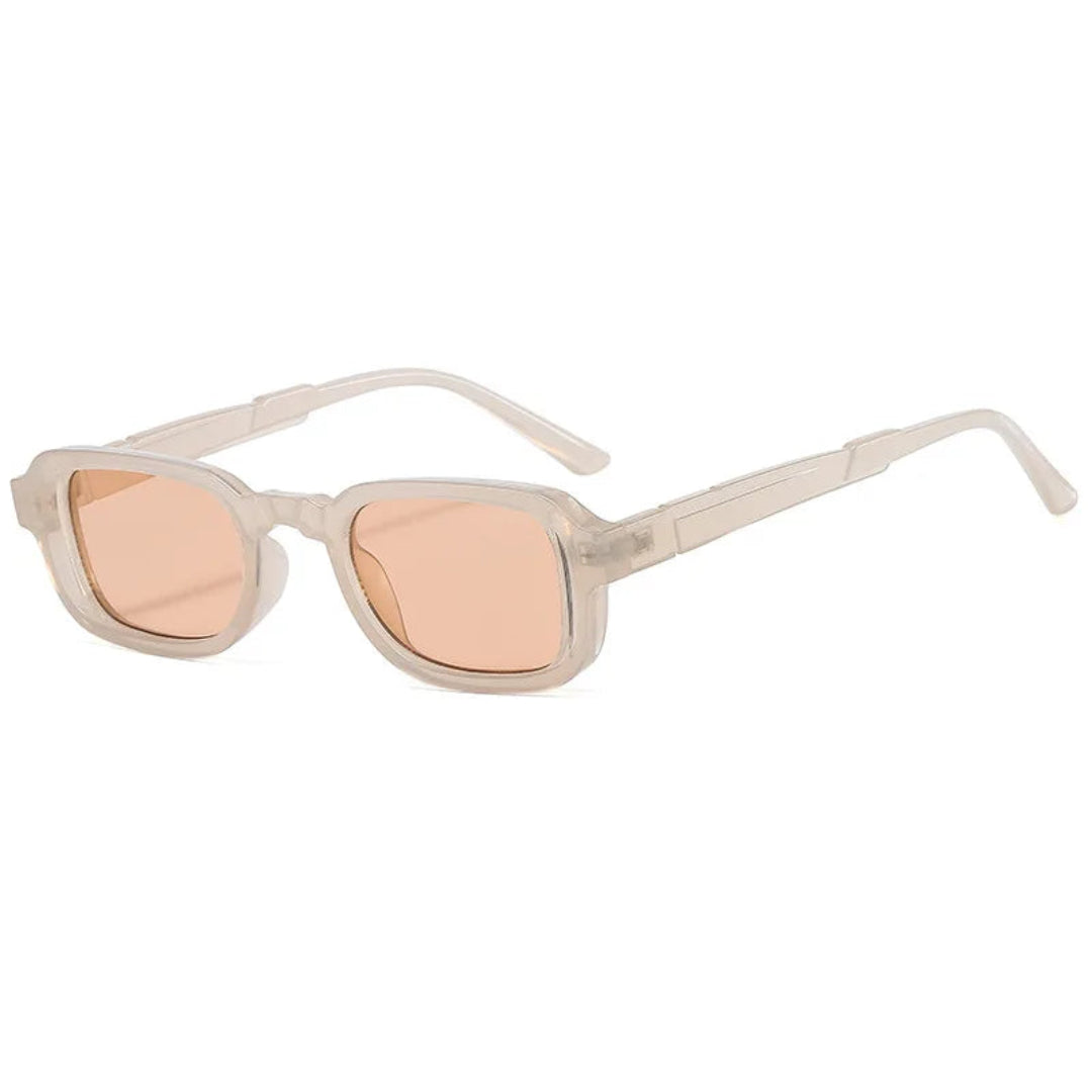 Soraya rectangular women's sunglasses in transparent rose polycarbonate frame with soft beige acrylic lenses, 100% UV protection, right 3/4 angle view on white background