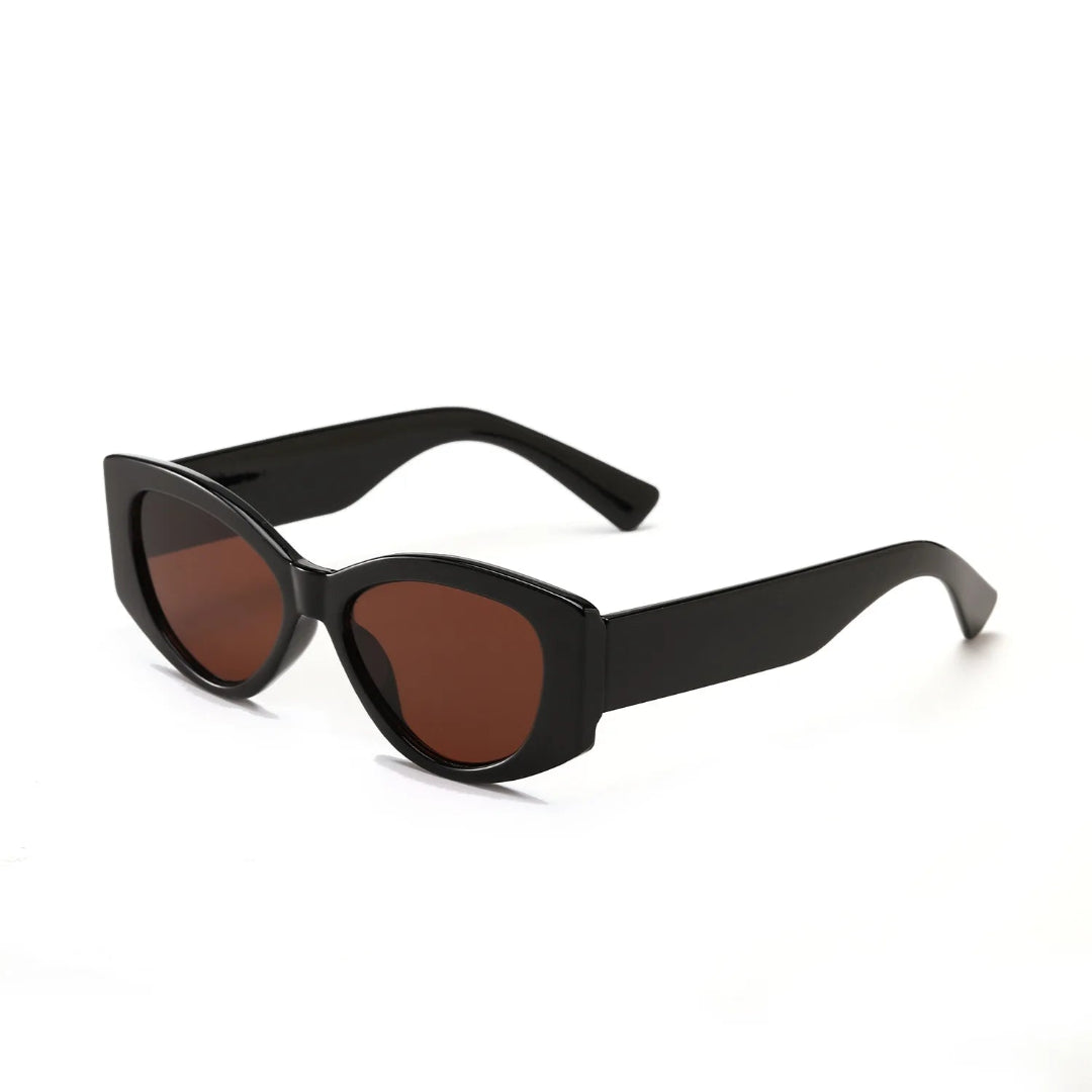 Aravie women’s cat-eye  shades in Black frame with Brown lenses, right 3/4 angle on white background