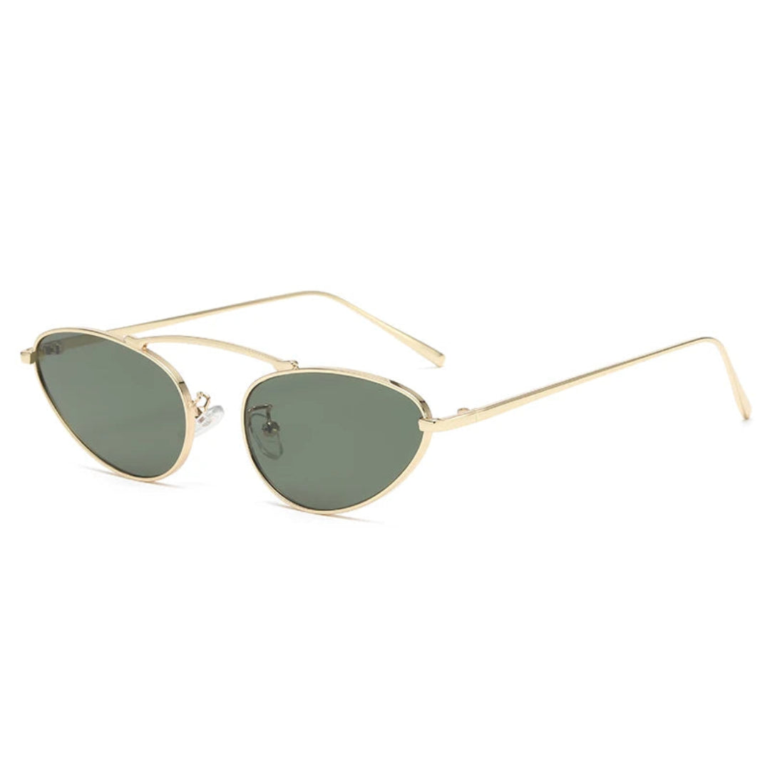 Olyra aviator women's shades in gold metal frame with dark green polycarbonate lenses, 100% UV protection, right 3/4 angle view on white background