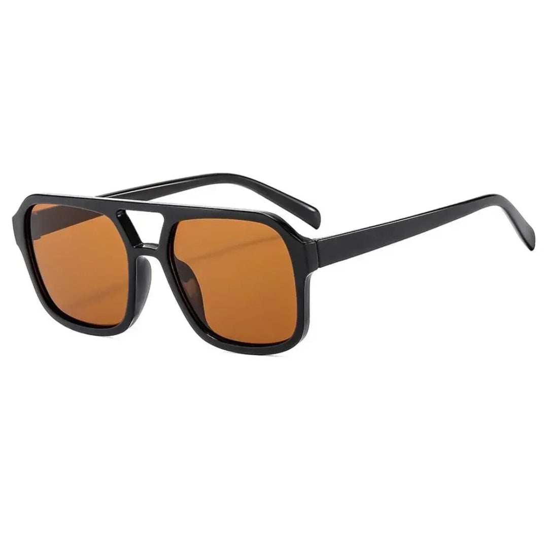 Zentha square shield women's sunglasses in Black frame with amber lenses, right 3/4 angle on white background