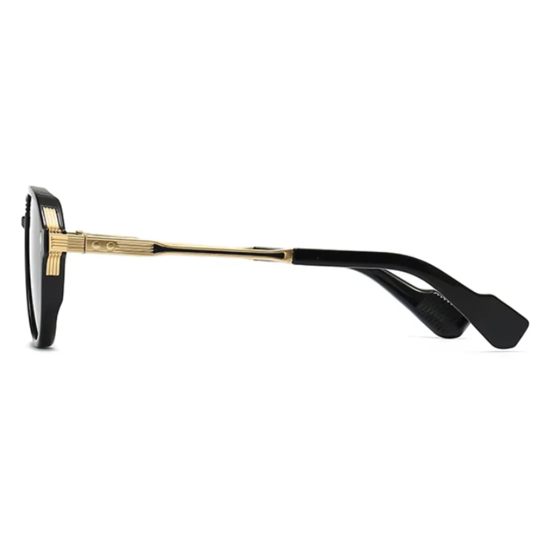 Side view of Astra women’s sunglasses in Black frame with Black lenses, on white background — metal frame, polycarbonate lenses, 100% UV protection