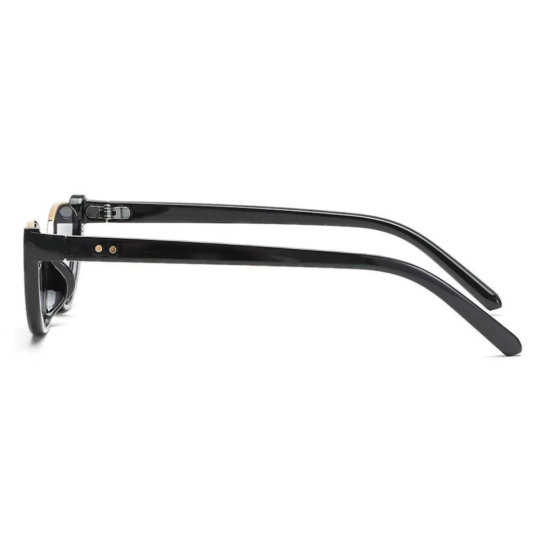Alt text: Venice women's cat-eye sunglasses, black premium acetate frame with black TAC lenses offering UV400 protection, side view on white background.